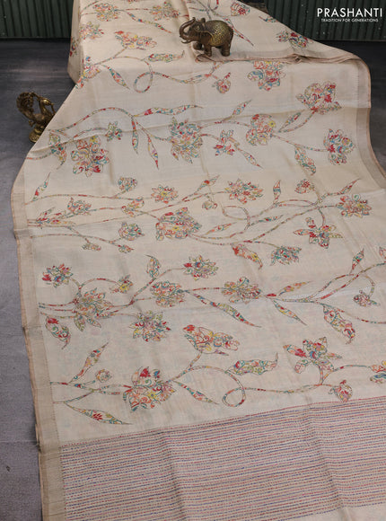 Pure tussar silk saree cream with allover prints & kantha stitch work and zari woven border