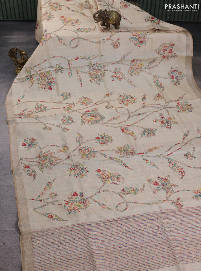 Pure tussar silk saree cream with allover prints & kantha stitch work and zari woven border