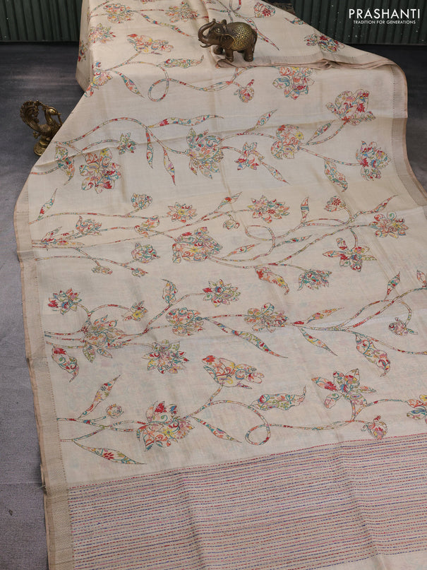 Pure tussar silk saree cream with allover prints & kantha stitch work and zari woven border
