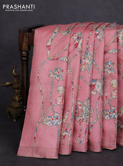 Pure tussar silk saree mild peach pink with allover prints & kantha stitch work and zari woven border