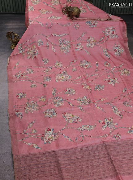 Pure tussar silk saree mild peach pink with allover prints & kantha stitch work and zari woven border