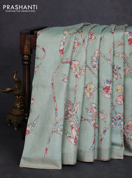 Pure tussar silk saree pastel green with allover prints & kantha stitch work and zari woven border