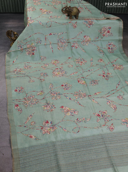 Pure tussar silk saree pastel green with allover prints & kantha stitch work and zari woven border