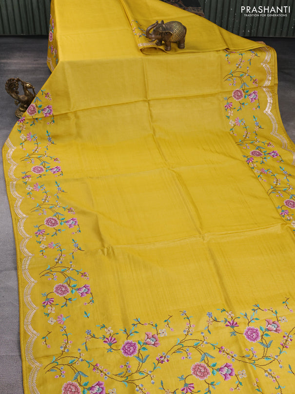 Pure tussar silk saree yellow with plain body and floral embroidery border