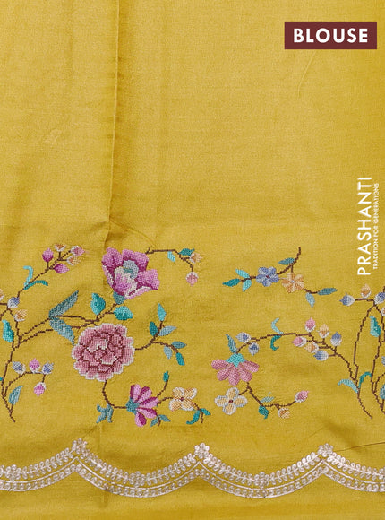 Pure tussar silk saree yellow with plain body and floral embroidery border