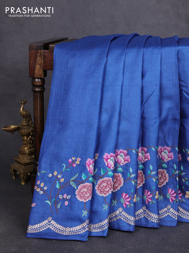 Pure tussar silk saree blue with plain body and floral embroidery border