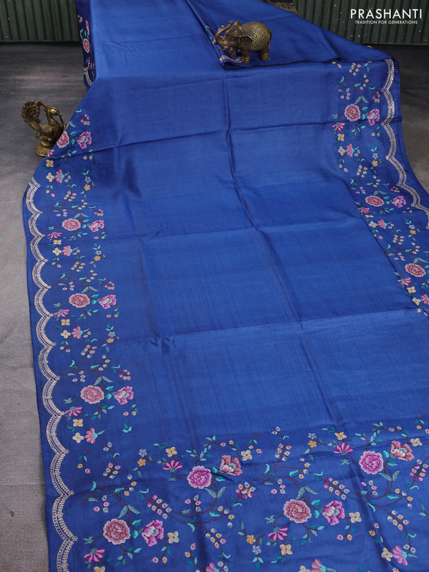 Pure tussar silk saree blue with plain body and floral embroidery border