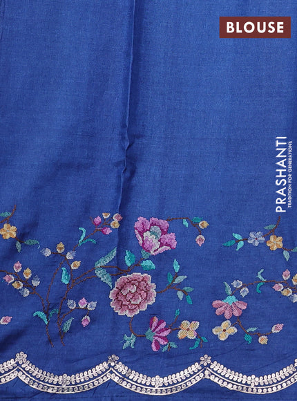 Pure tussar silk saree blue with plain body and floral embroidery border