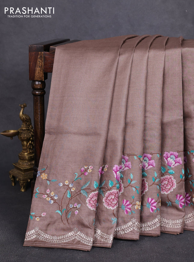 Pure tussar silk saree pastel brown with plain body and floral embroidery border