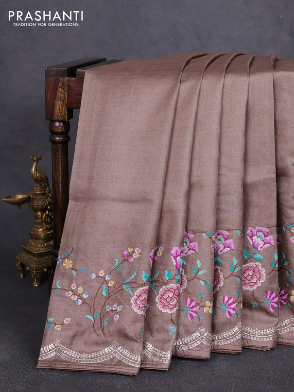 Pure tussar silk saree pastel brown with plain body and floral embroidery border