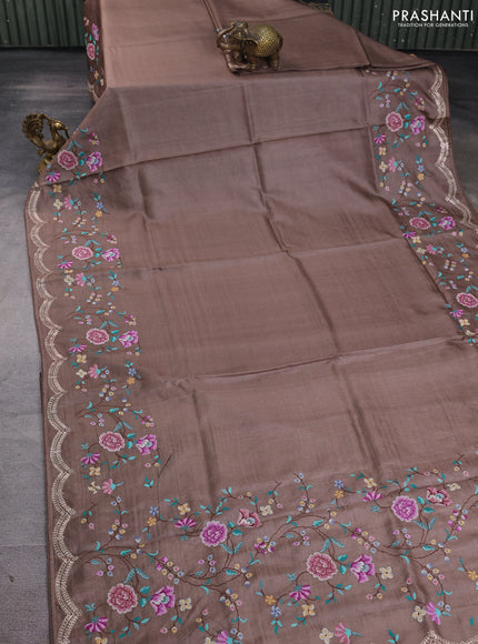 Pure tussar silk saree pastel brown with plain body and floral embroidery border