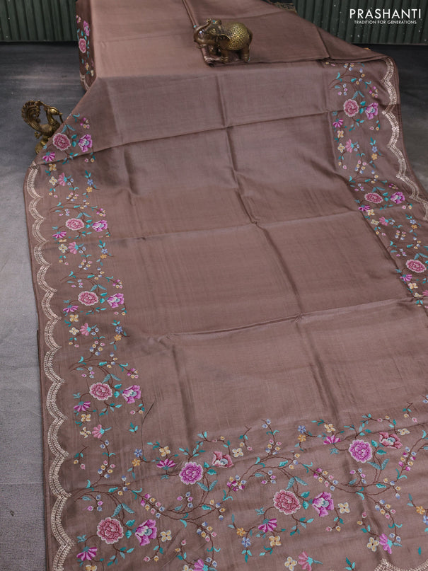 Pure tussar silk saree pastel brown with plain body and floral embroidery border