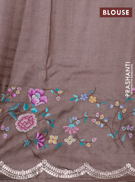 Pure tussar silk saree pastel brown with plain body and floral embroidery border