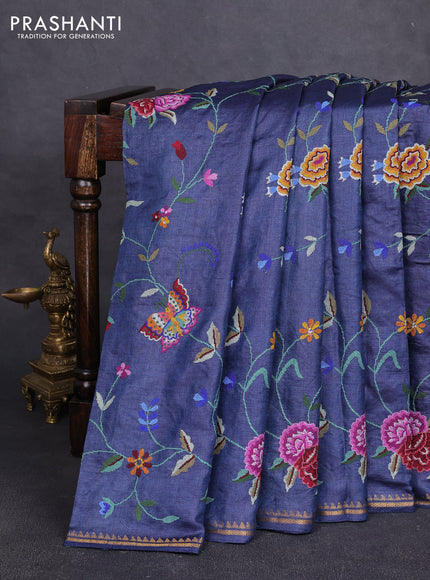 Pure tussar silk saree dark blue with allover embroidery work and small zari woven border