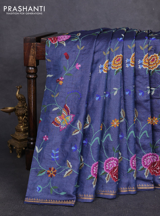 Pure tussar silk saree dark blue with allover embroidery work and small zari woven border