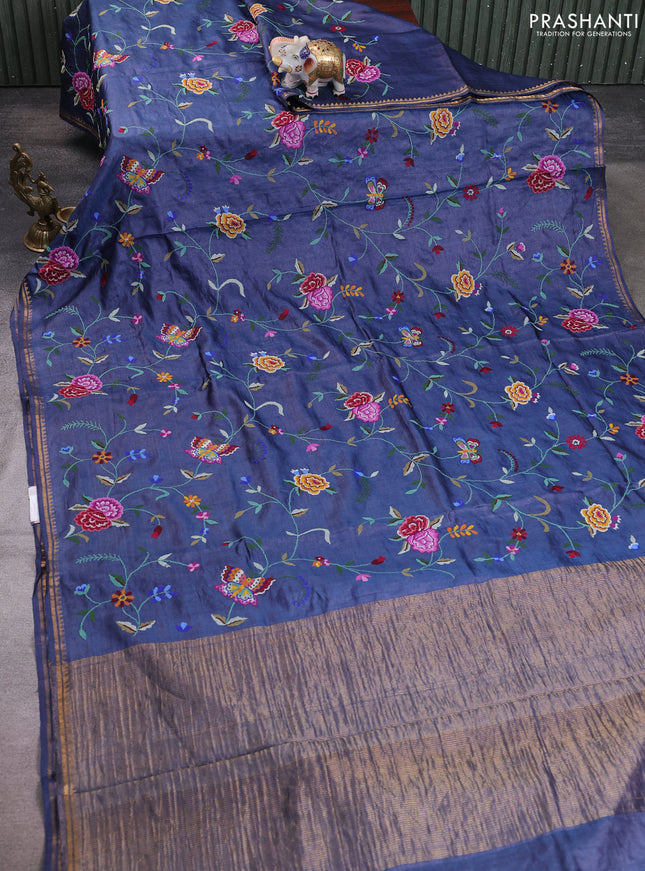Pure tussar silk saree dark blue with allover embroidery work and small zari woven border