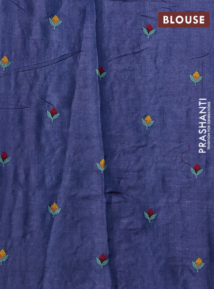 Pure tussar silk saree dark blue with allover embroidery work and small zari woven border