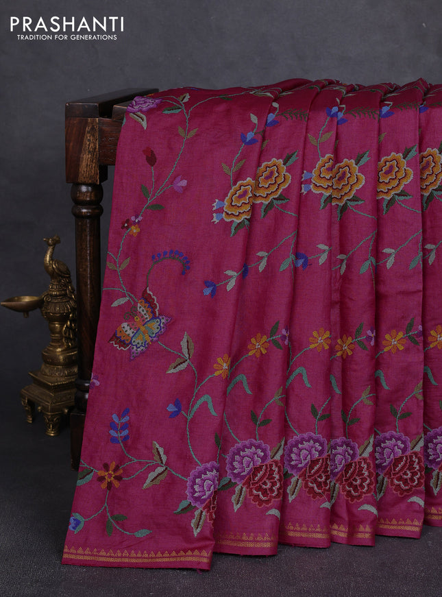 Pure tussar silk saree dark pink with allover embroidery work and small zari woven border