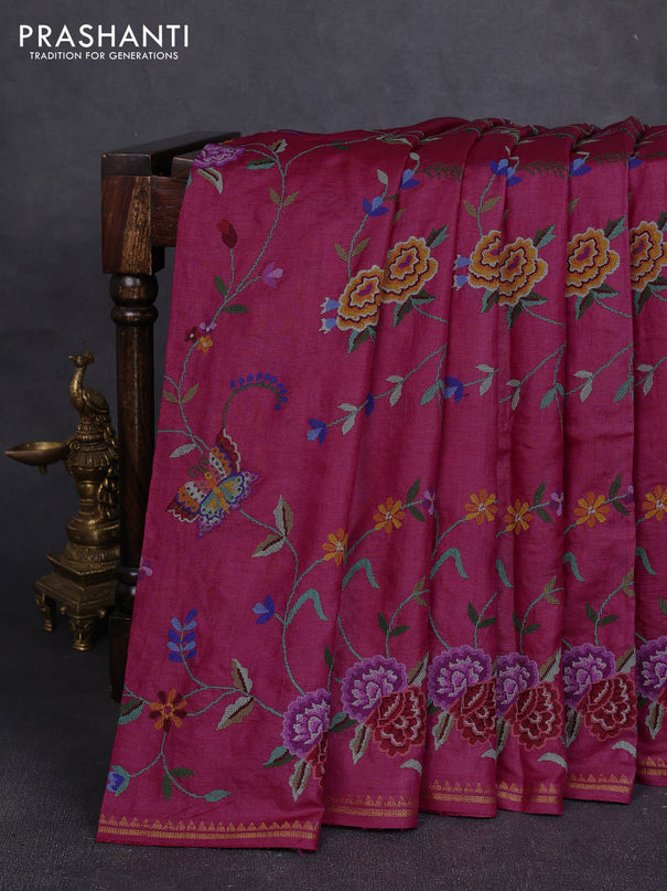 Pure tussar silk saree dark pink with allover embroidery work and small zari woven border