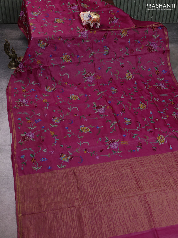 Pure tussar silk saree dark pink with allover embroidery work and small zari woven border