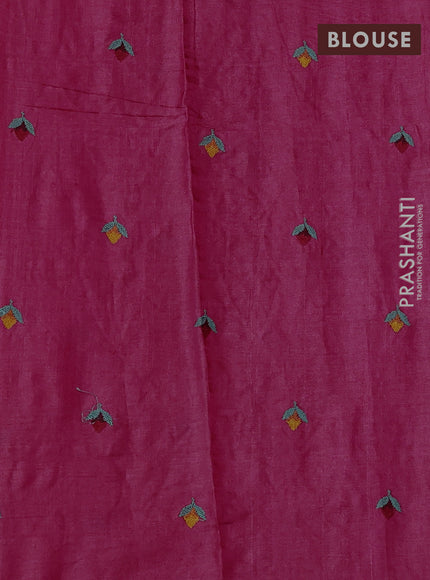 Pure tussar silk saree dark pink with allover embroidery work and small zari woven border