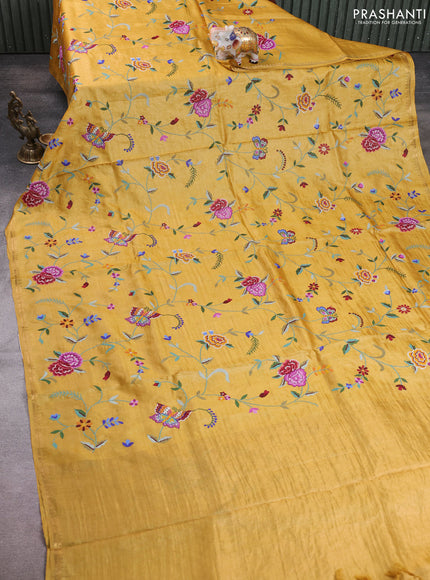 Pure tussar silk saree mustard yellow with allover embroidery work and small zari woven border