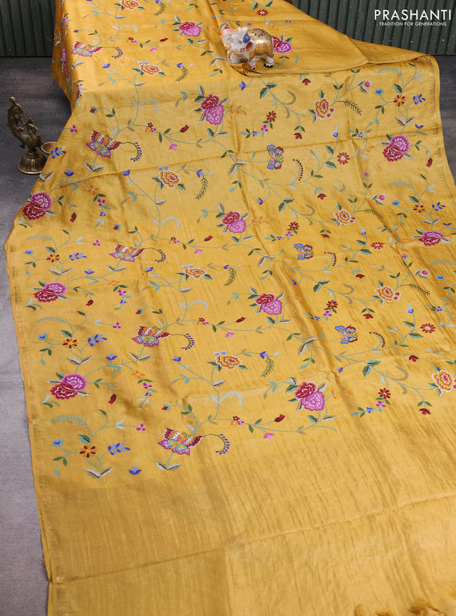 Pure tussar silk saree mustard yellow with allover embroidery work and small zari woven border