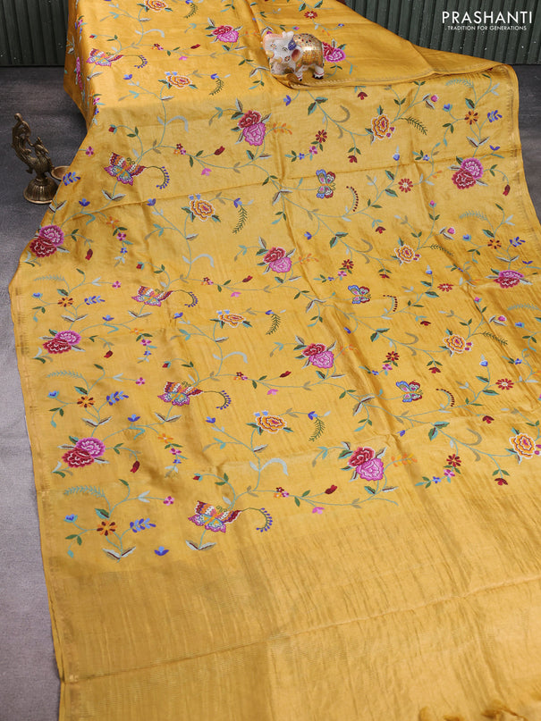 Pure tussar silk saree mustard yellow with allover embroidery work and small zari woven border