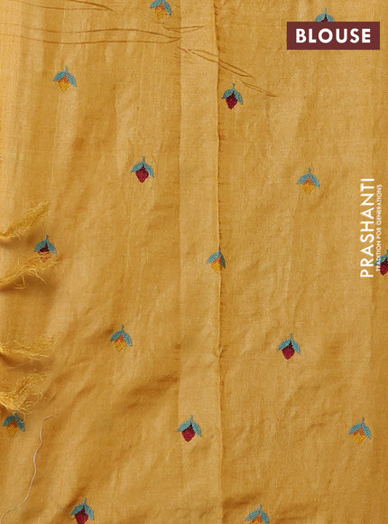 Pure tussar silk saree mustard yellow with allover embroidery work and small zari woven border