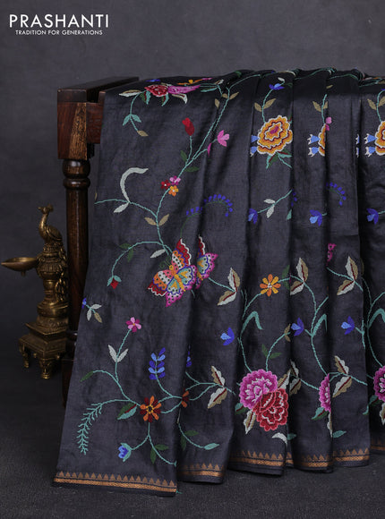 Pure tussar silk saree black with allover embroidery work and small zari woven border