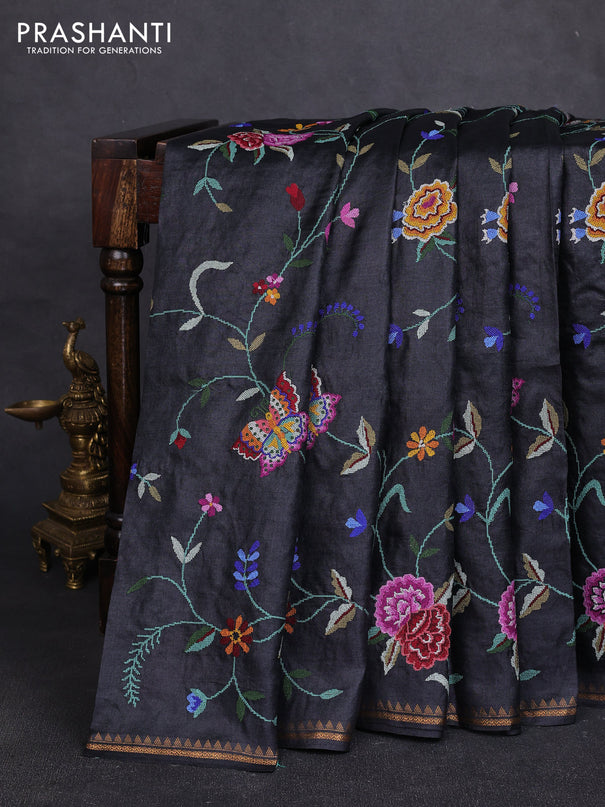 Pure tussar silk saree black with allover embroidery work and small zari woven border