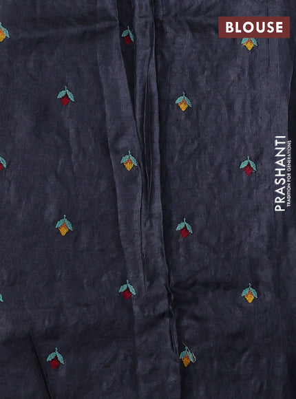 Pure tussar silk saree black with allover embroidery work and small zari woven border
