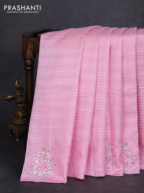 Pure tussar silk saree light pink with allover thread weaves and mirror embroidery work border