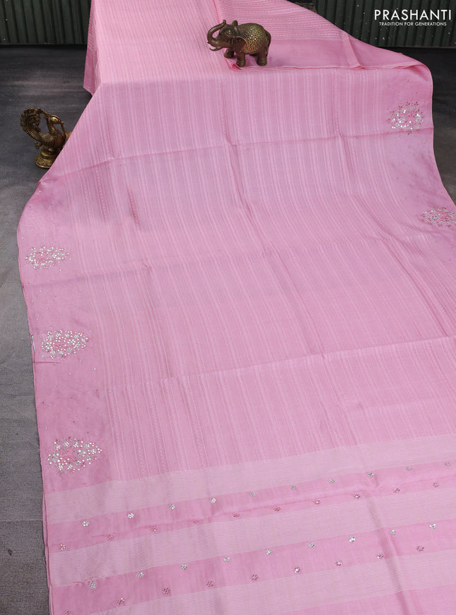 Pure tussar silk saree light pink with allover thread weaves and mirror embroidery work border