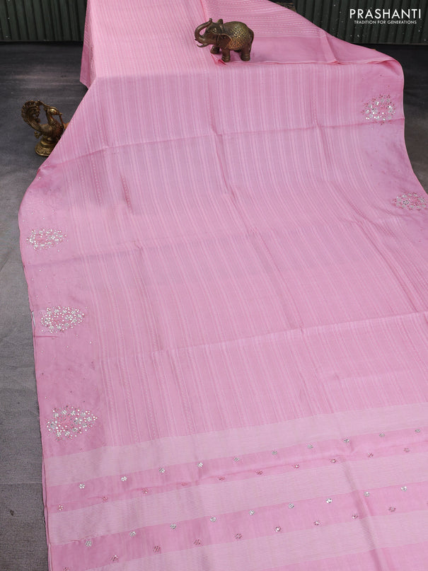 Pure tussar silk saree light pink with allover thread weaves and mirror embroidery work border
