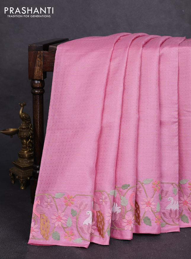 Pure tussar silk saree light pink with allover zari woven buttas and embroidery border