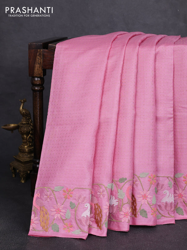 Pure tussar silk saree light pink with allover zari woven buttas and embroidery border
