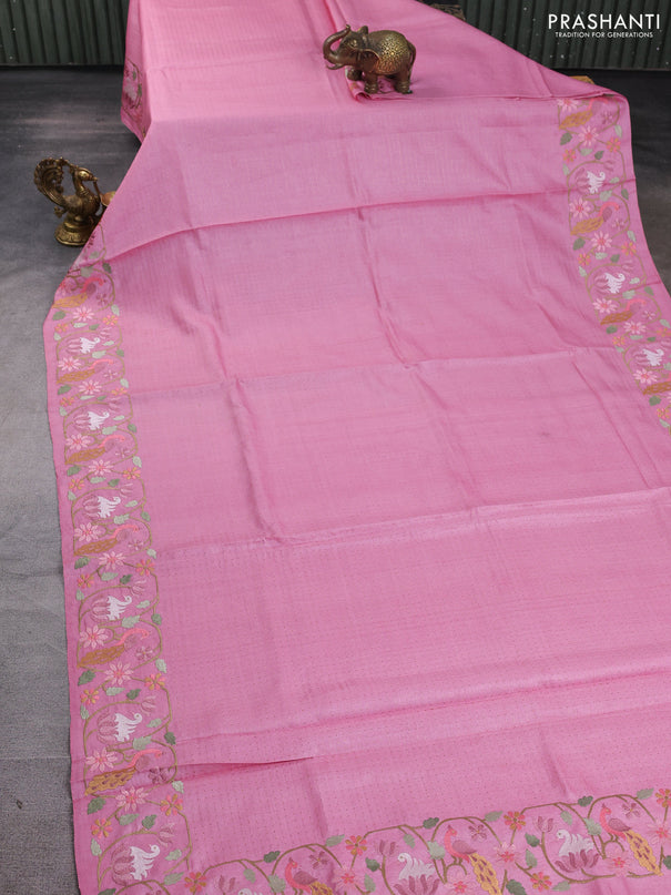 Pure tussar silk saree light pink with allover zari woven buttas and embroidery border