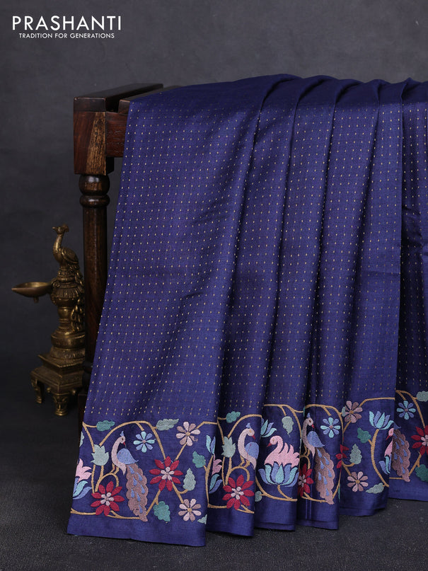 Pure tussar silk saree navy blue with allover zari woven buttas and embroidery border