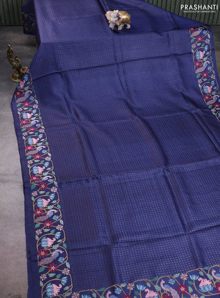 Pure tussar silk saree navy blue with allover zari woven buttas and embroidery border