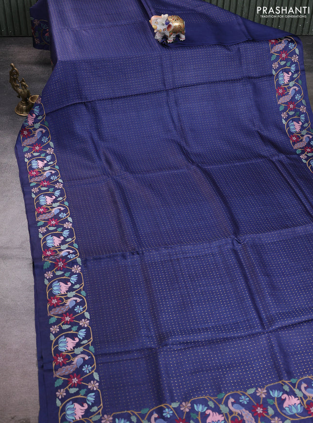 Pure tussar silk saree navy blue with allover zari woven buttas and embroidery border