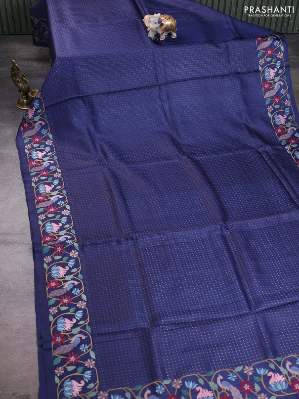 Pure tussar silk saree navy blue with allover zari woven buttas and embroidery border