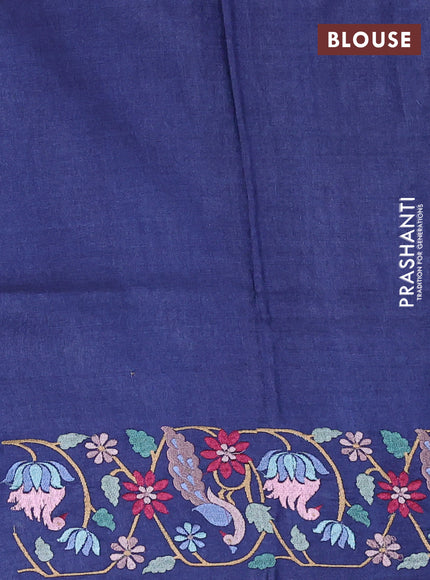 Pure tussar silk saree navy blue with allover zari woven buttas and embroidery border