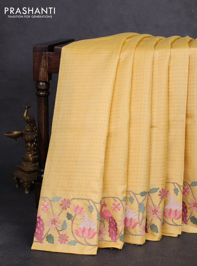 Pure tussar silk saree yellow with allover zari woven buttas and embroidery border
