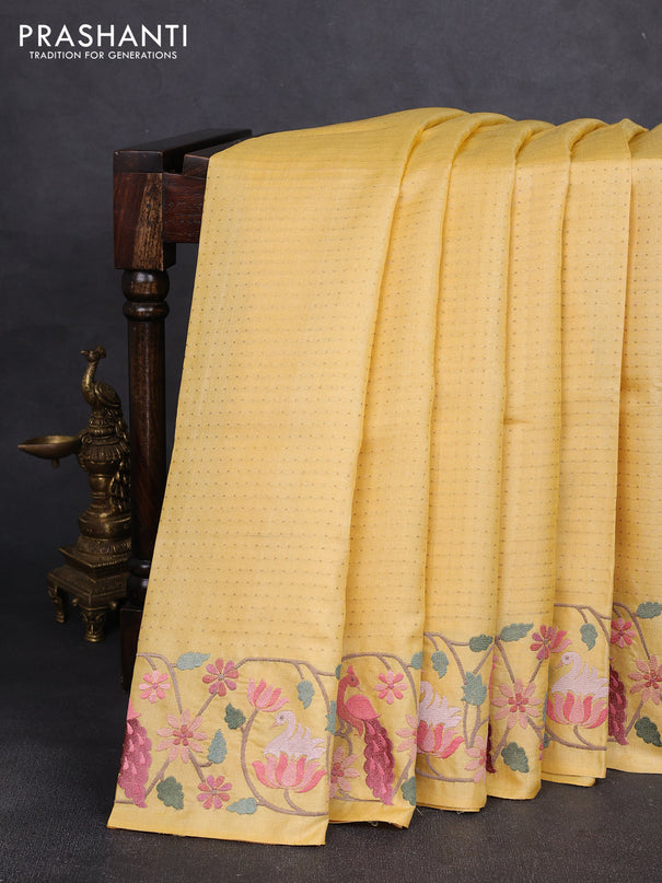 Pure tussar silk saree yellow with allover zari woven buttas and embroidery border