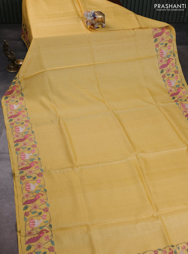 Pure tussar silk saree yellow with allover zari woven buttas and embroidery border