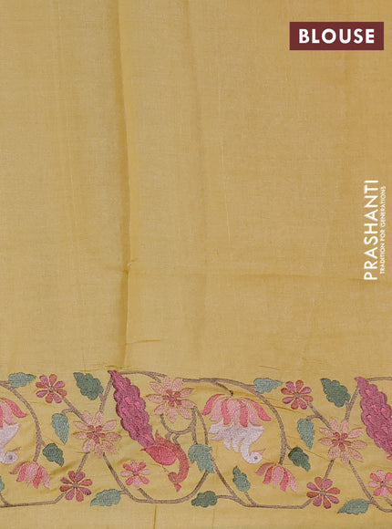 Pure tussar silk saree yellow with allover zari woven buttas and embroidery border