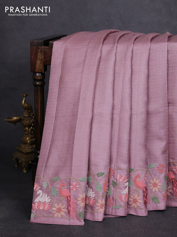 Pure tussar silk saree mauve pink with allover zari woven buttas and embroidery border