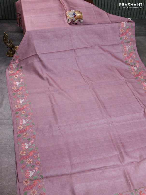 Pure tussar silk saree mauve pink with allover zari woven buttas and embroidery border