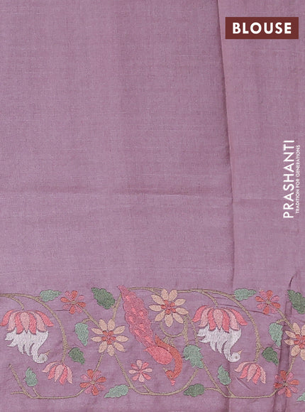 Pure tussar silk saree mauve pink with allover zari woven buttas and embroidery border